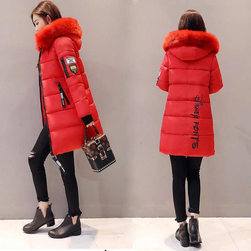 Parka Big Fur Collar Hooded Thick Warm Long Female Coat Casual