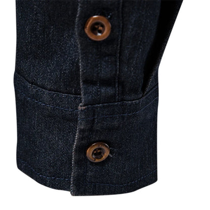 Men's Denim Style Shirt: Cotton, Long Sleeve, Double Pockets, Slim Fit, Wrinkle-Resistant