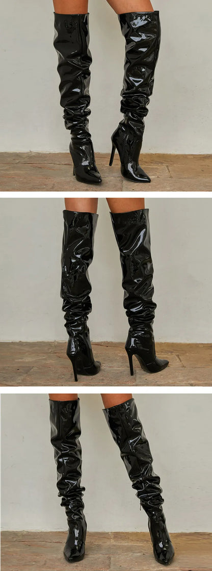 High Thigh Leather Pointy Toe Zipper Boots