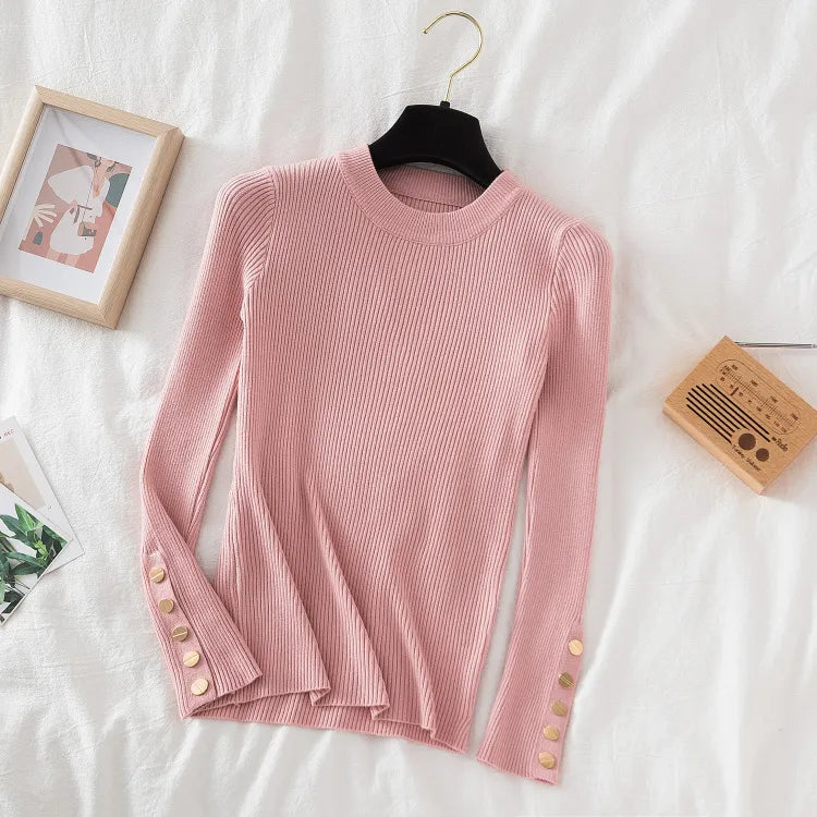 Thick pullovers casual button sleeves o-neck chic soft sweater