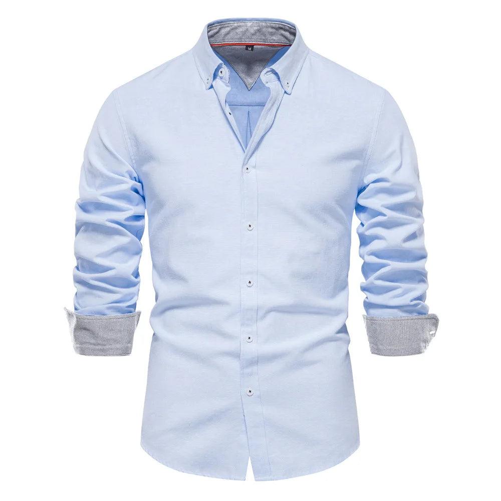 Solid Color Oxford Shirt with Turn-down Collar for Men