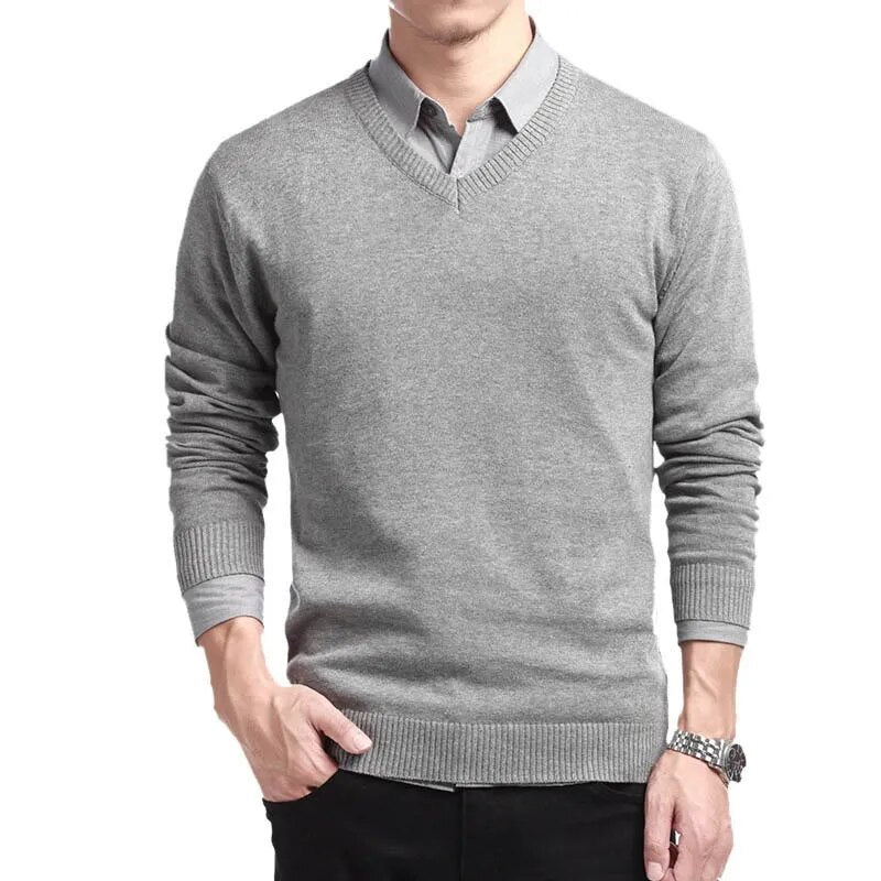 Men Cotton Sweater Long Sleeve Pullovers V Neck Knitted