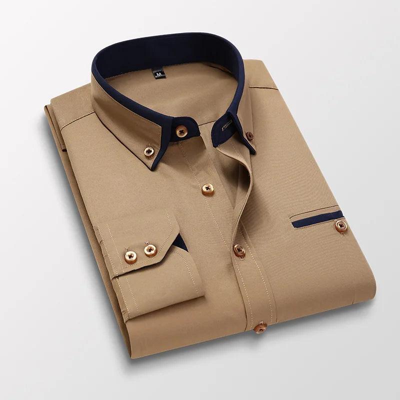 High-Quality Men's Dress Shirt: Long Sleeve Twill Solid & Striped Design, Formal or Casual Wear, Slim Fit.