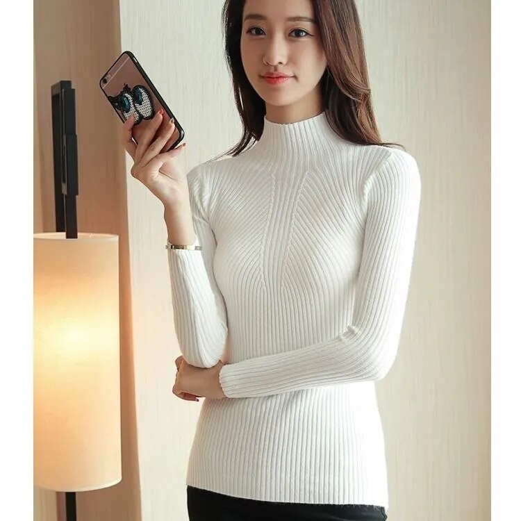 Turtleneck Stretchy Knitted Pullovers Long Sleeve Sweater