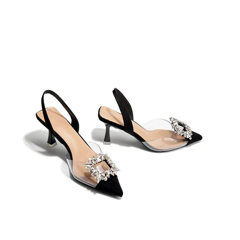 Crystal Square Short Heels, Transparent Tape Splicing, Pointed Toe