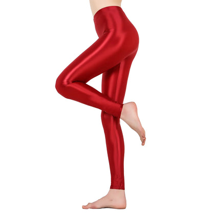 Solid Glossy Pilates Yoga Fitness Wide Elastic Waistband Leggings Stretchy Pants