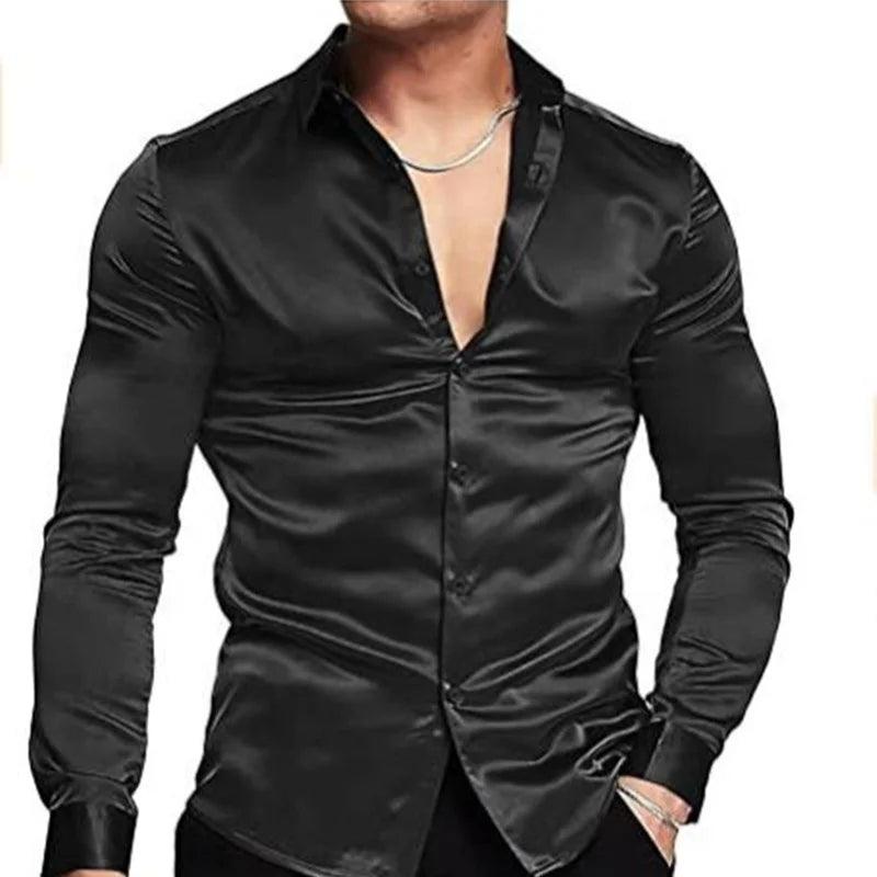 Luxurious Silk Satin Dressy Men Shirt: Long Sleeve Slim Fit Button-down Casual