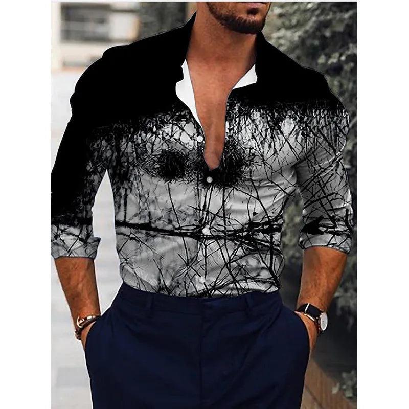 Men's Casual Shirt: Stylish Printed Lapel with Long Sleeves