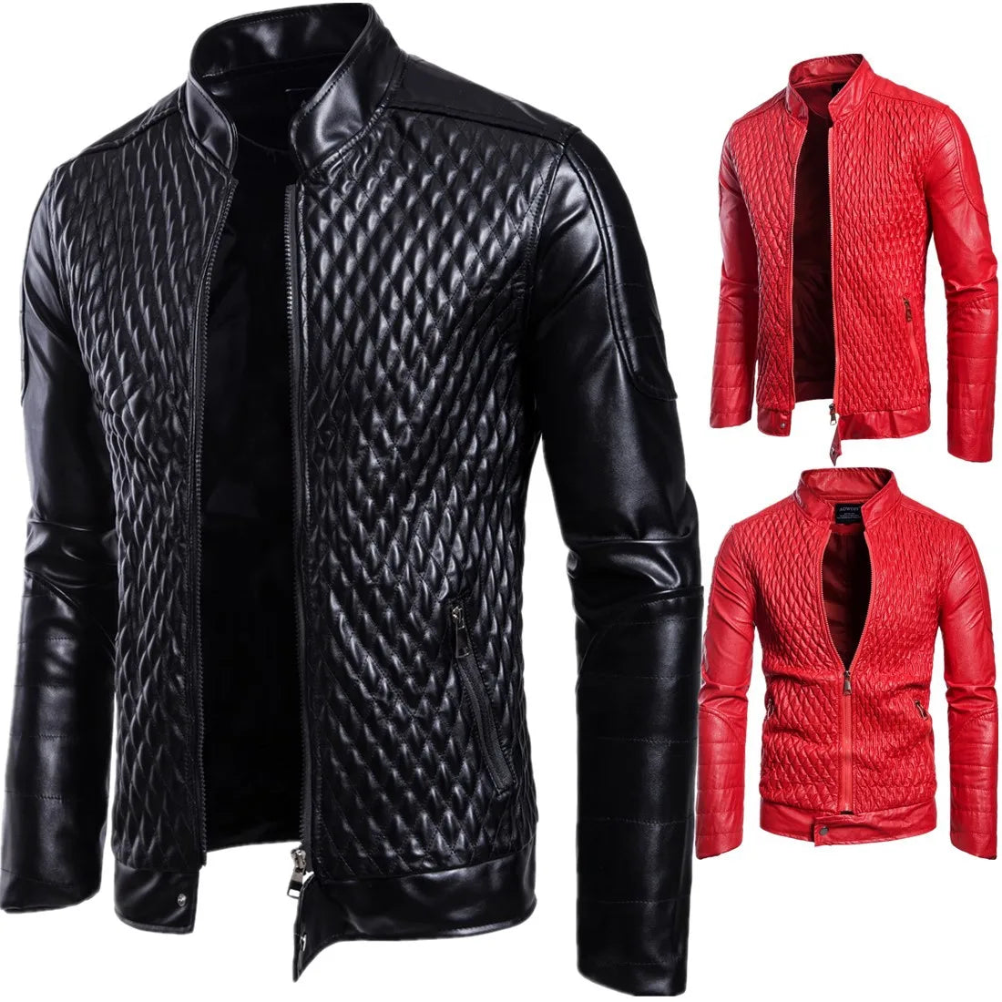 Diamond-Patterned PU Leather Quilted Men's Jacket