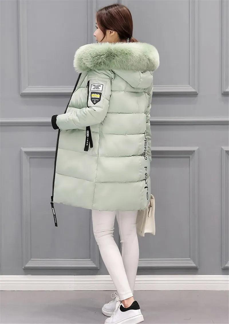 Parka Big Fur Collar Hooded Thick Warm Long Female Coat Casual