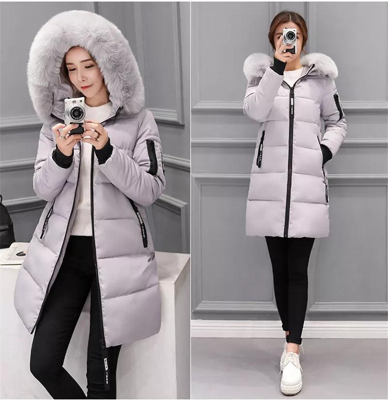 Parka Big Fur Collar Hooded Thick Warm Long Female Coat Casual