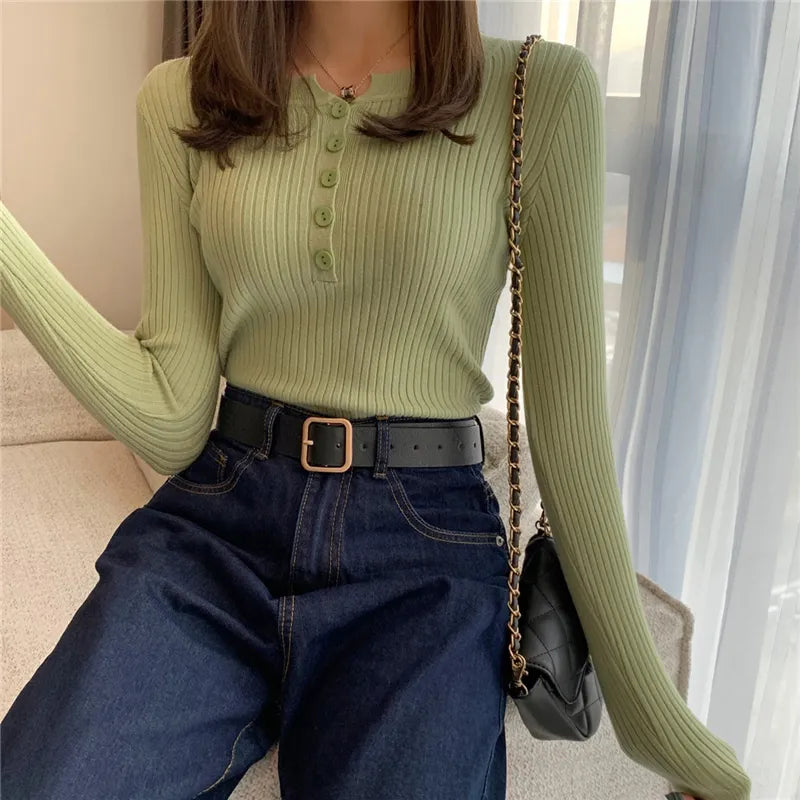 Knitted Button Pullover Sweater Slim