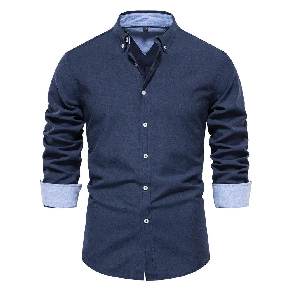 Solid Color Oxford Shirt with Turn-down Collar for Men