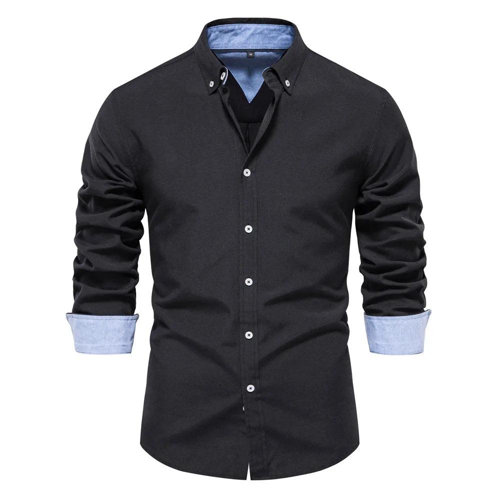 Solid Color Oxford Shirt with Turn-down Collar for Men