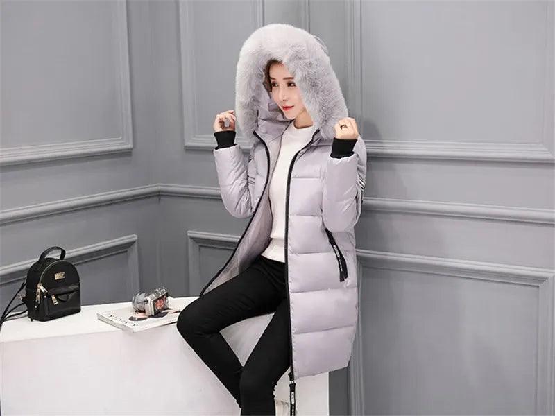 Parka Big Fur Collar Hooded Thick Warm Long Female Coat Casual