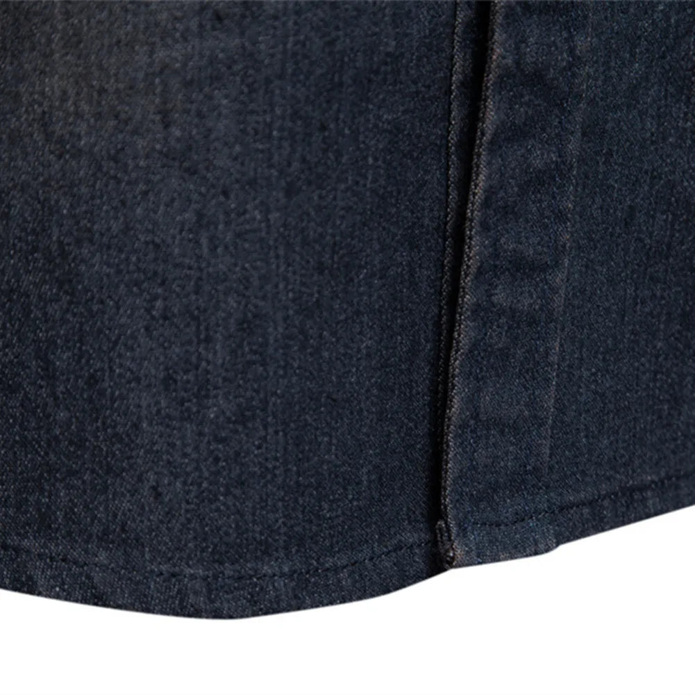 Men's Denim Style Shirt: Cotton, Long Sleeve, Double Pockets, Slim Fit, Wrinkle-Resistant