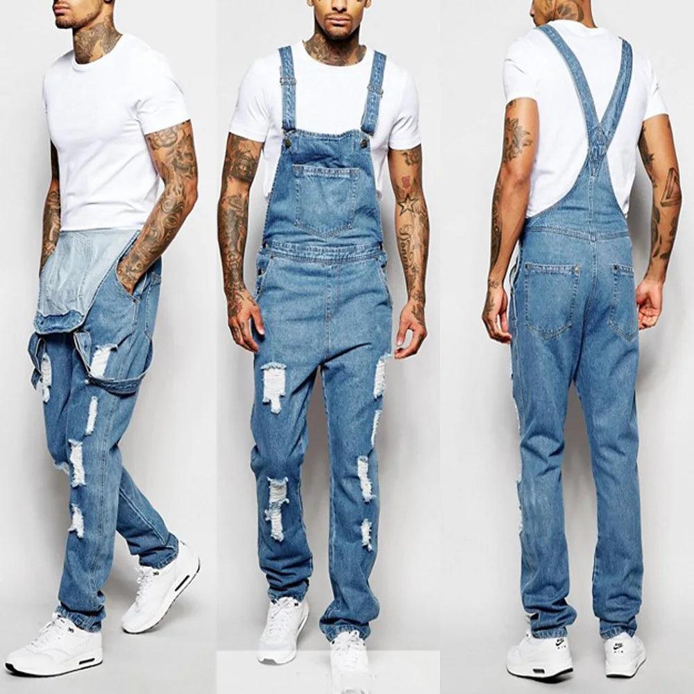 Men Denim Jumpsuit Ripped Style Solid Basic Overalls