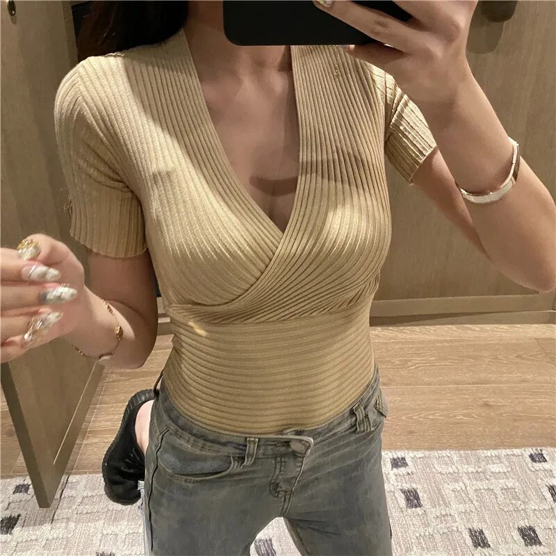 Low Cut Sexy Knitted Elastic top