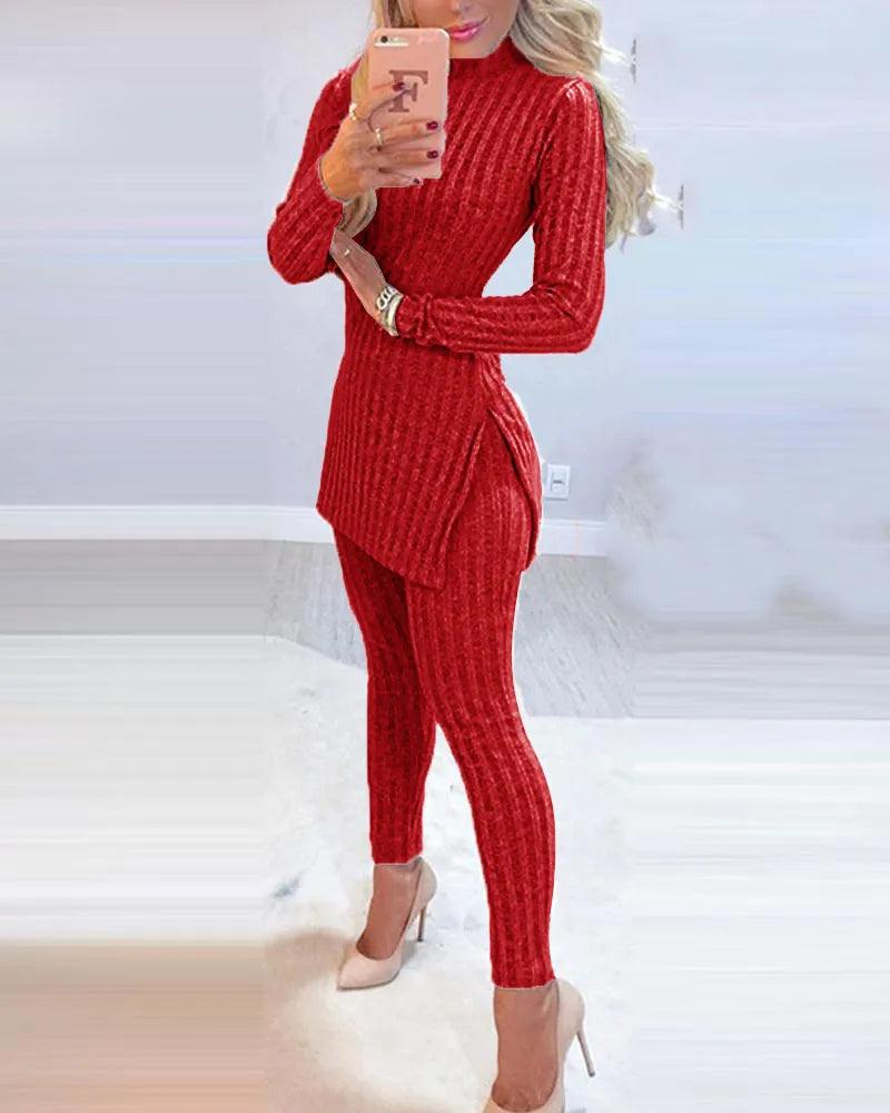 Knitted 2 Piece Suits Sleeve Ribbed Slit Long Top and High