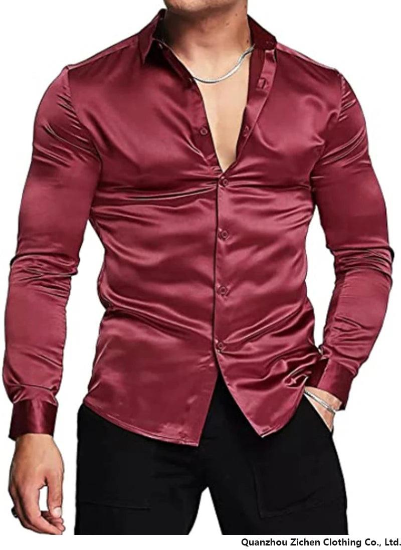 Luxurious Silk Satin Dressy Men Shirt: Long Sleeve Slim Fit Button-down Casual