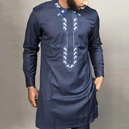 S-4XL Youth Leisure Embroidered Cotton Round Neck Navy blue African National Style Men's Shirt streetwear