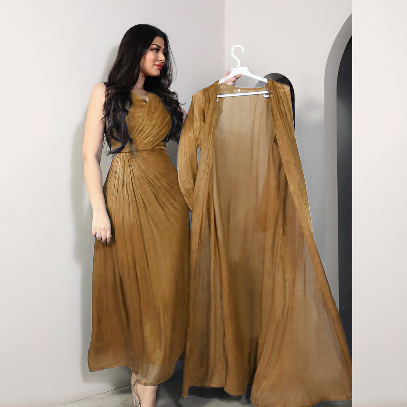 2 Piece Set Silky Satin Kaftan Abaya