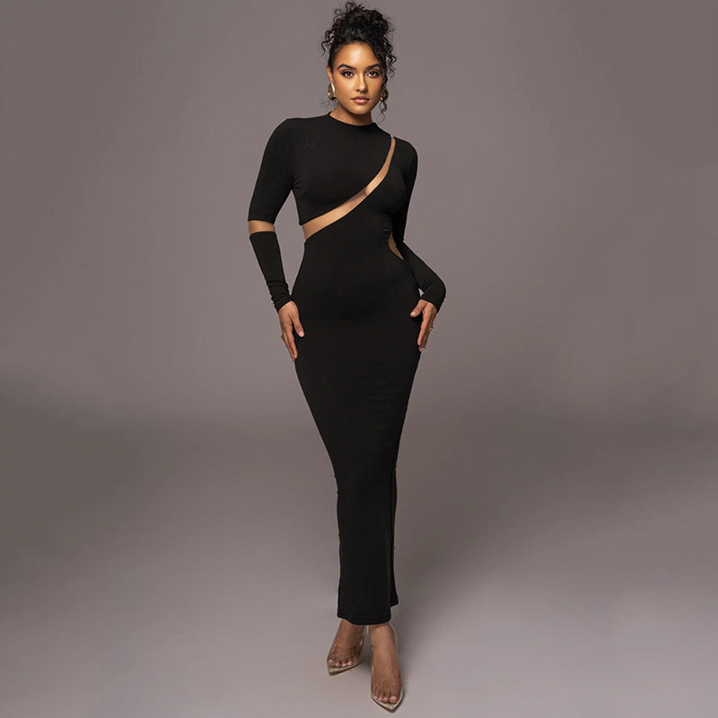 Round Neck Long Sleeve Elegant Tight Shaping High Elastic Long Dress