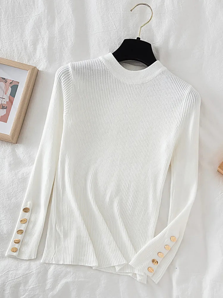 Thick pullovers casual button sleeves o-neck chic soft sweater