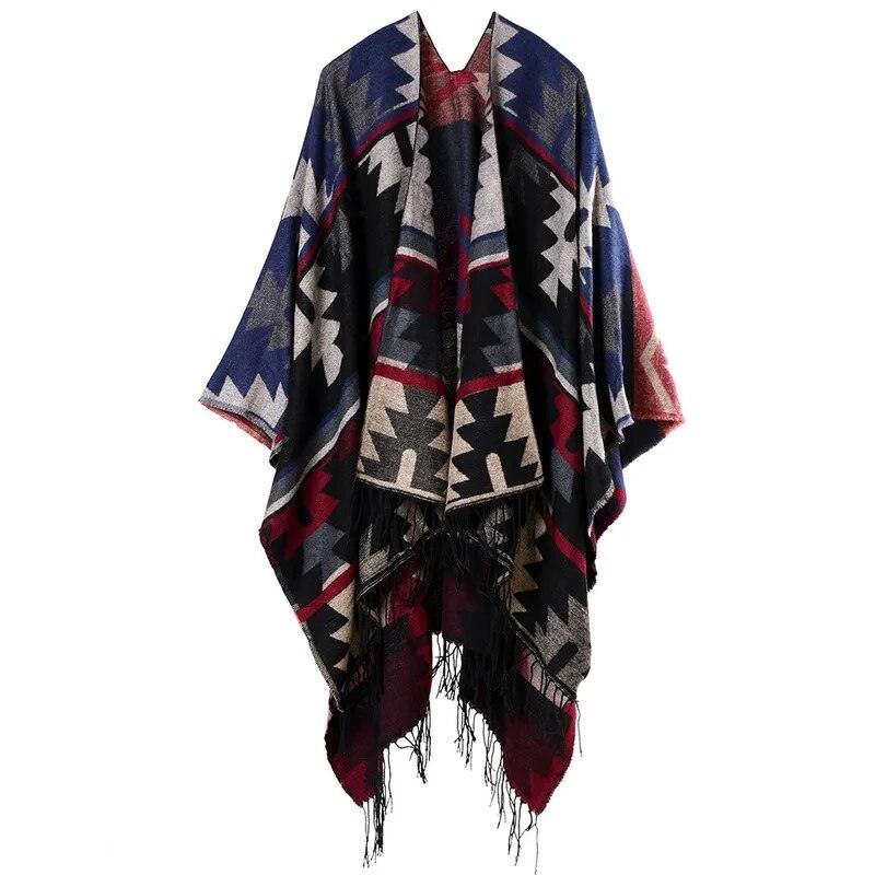 Tassel Cashmere Fork Shawl Poncho