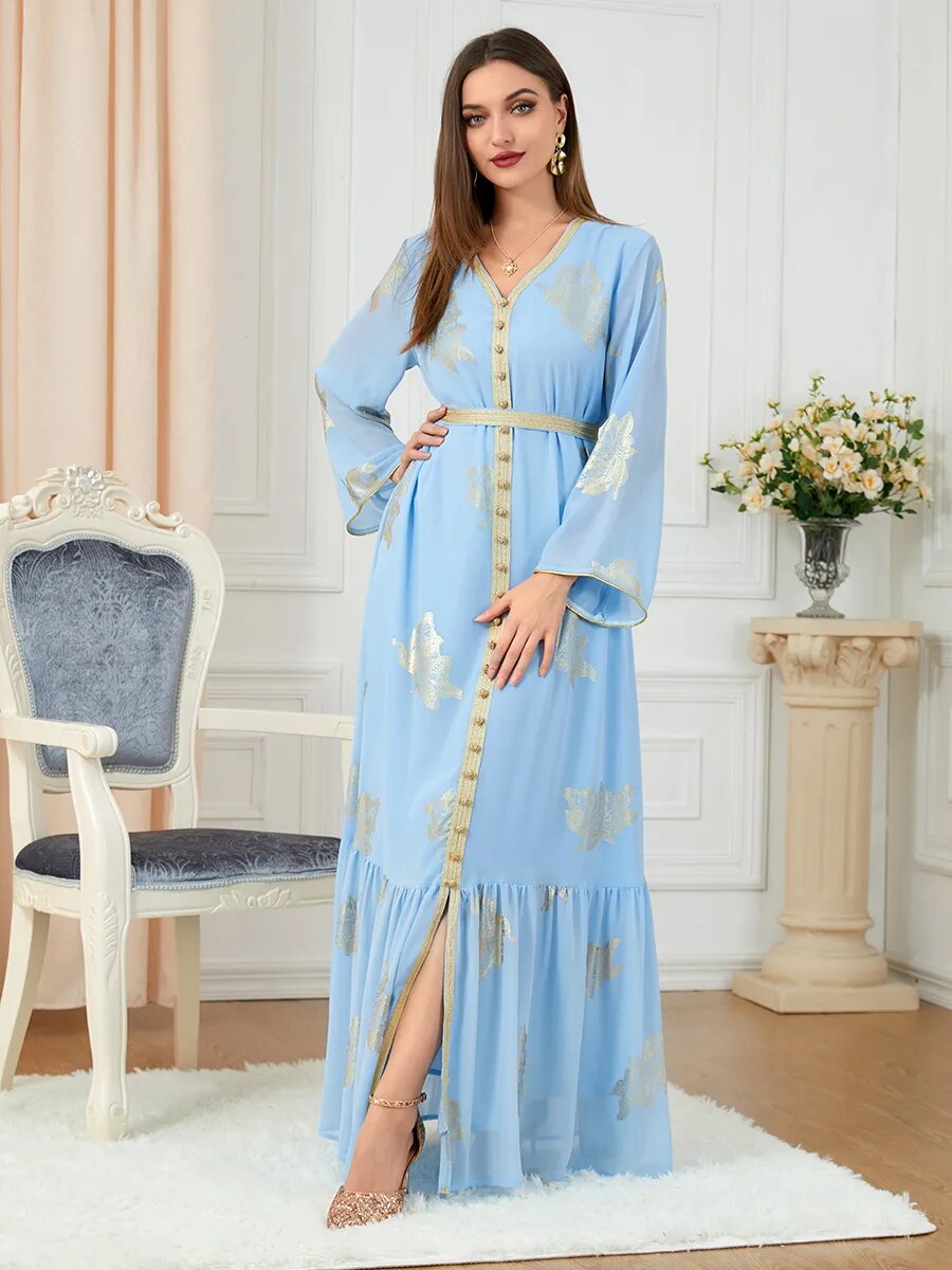 Moroccan Style Abaya With Belt Kaftan Split Hem