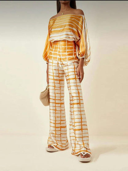 Satin Print Suit Fashion Hollow Off Shoulder Tops With Long Pants