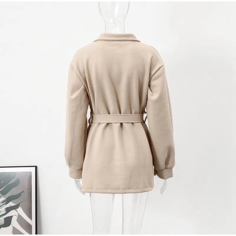 Long Puff Sleeve Clothes Autumn Elegant Belt Coat Women Chic Midi