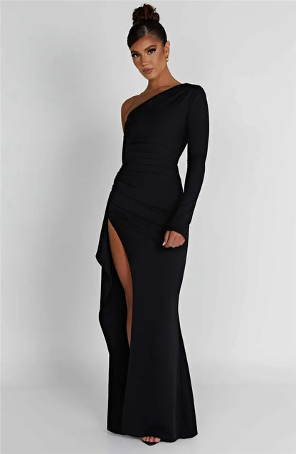 Oblique Shoulder Thigh Split Maxi Dress Long Sleeve Backless Bodycon Long