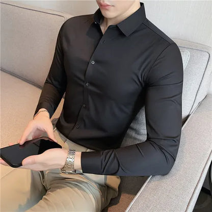 Stretchy High Elasticity Men Shirts Long Sleeve Slim Fit Casual