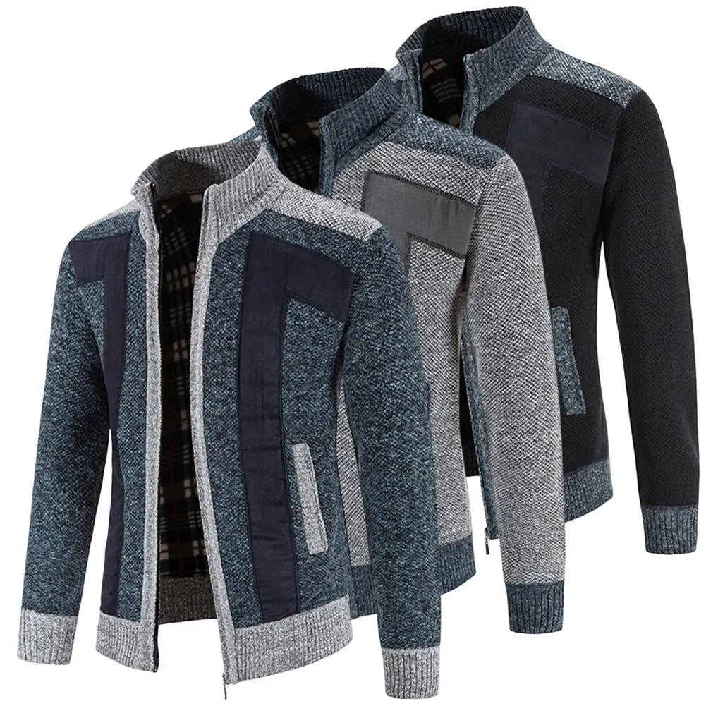 Men Cardigan Knit Patchwork Breathable Thick Long Sleeves