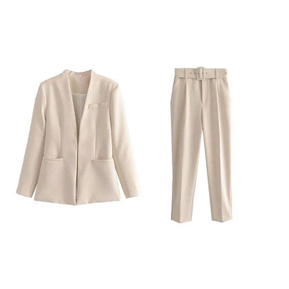 Two Pieces Set Office Wear Blazers Coat With Belt High Waist