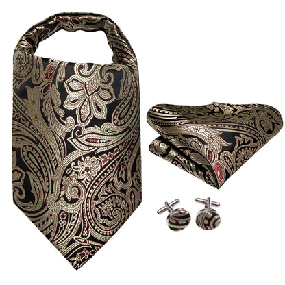 Hi-Tie Silk Mens Ascots Hanky Cufflinks Set Jacquard Paisley Floral Cravat