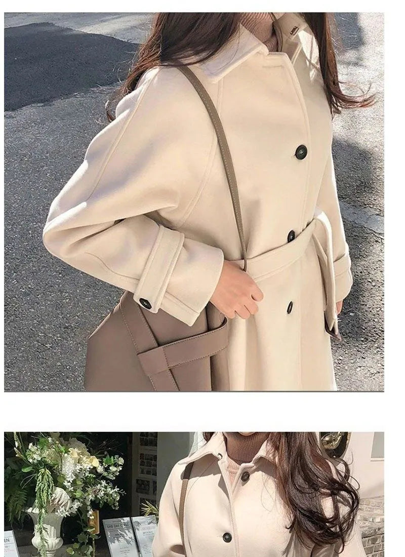 Faux Wool Elegant with Belt Thick Long Coat