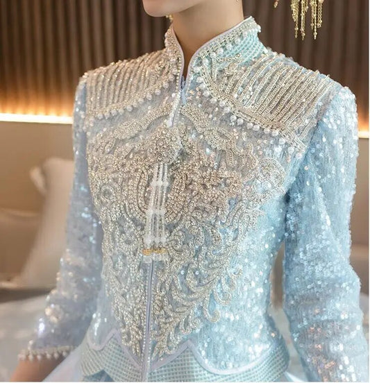 Delicate Blue Phoenix Cheongsam Embroidery Vintage Dress