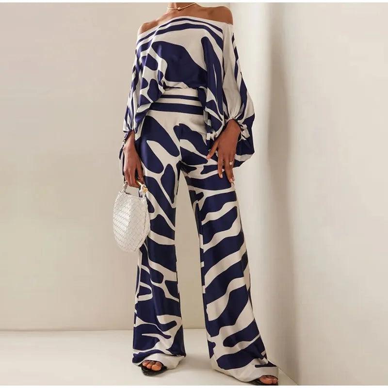 Satin Print Suit Fashion Hollow Off Shoulder Tops With Long Pants