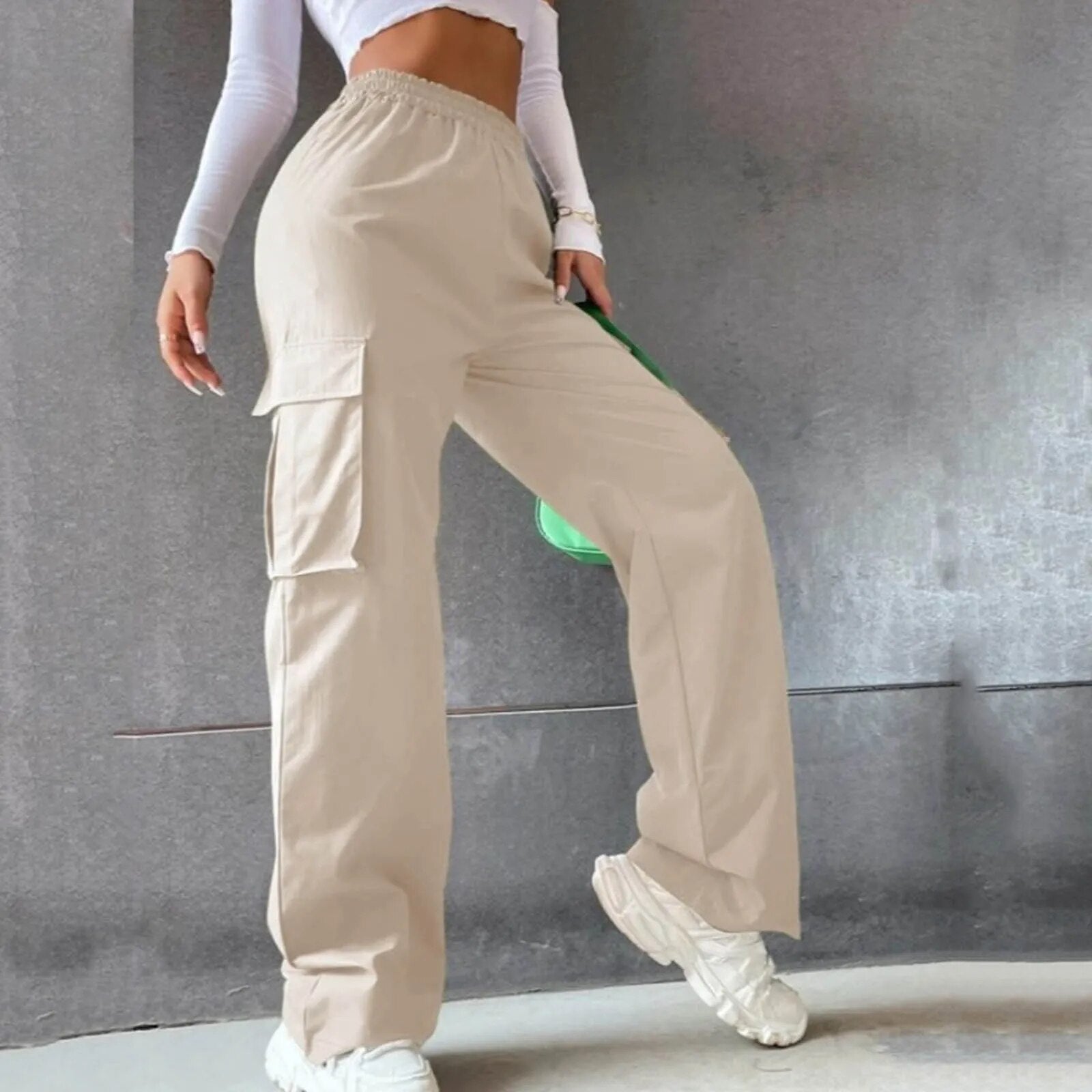 Pockets Casual Elastic Waist Loose Cargo Pants