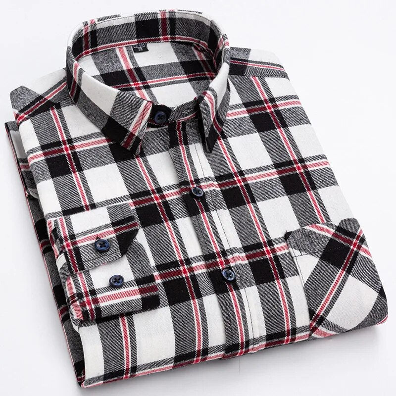 Pure Cotton Men's Plaid Long Sleeve Regular Fit Casual Plus Size