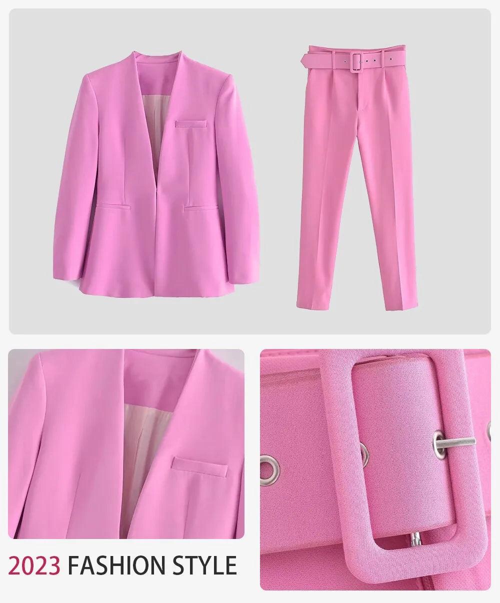 Two Pieces Set Office Wear Blazers Coat With Belt High Waist