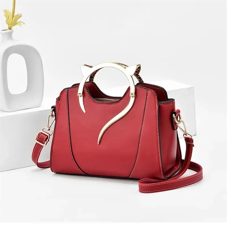 Cute Cat Elegant PU Leather Handbag With Handle and Shoulder Strap