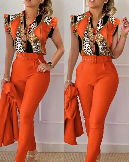 Two Piece Outfit Geometric Print Flutter Sleeve Top & Pants Set