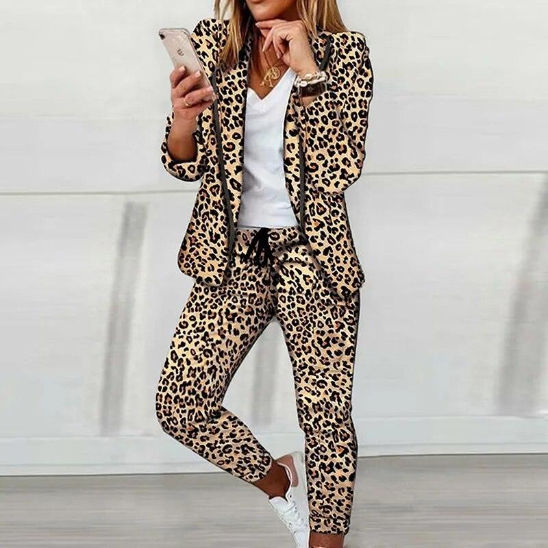 Elegant Office Women Blazers Pants Outfit Print Long Sleeve 2 pcs