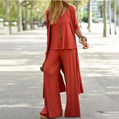 Casual Elegant Three Piece Set with Solid V-Neck Sling Tops Wide