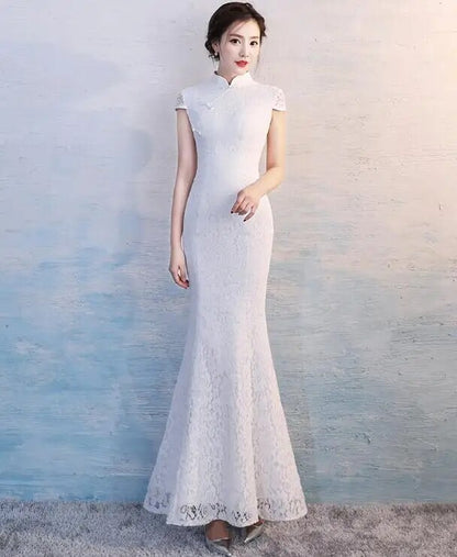 White Lace Qipao Long Fishtail Vintage Style