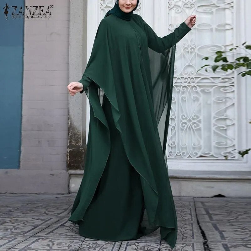 Long Abaya and Hijab 2pcs Long Sleeve Kaftan Dress