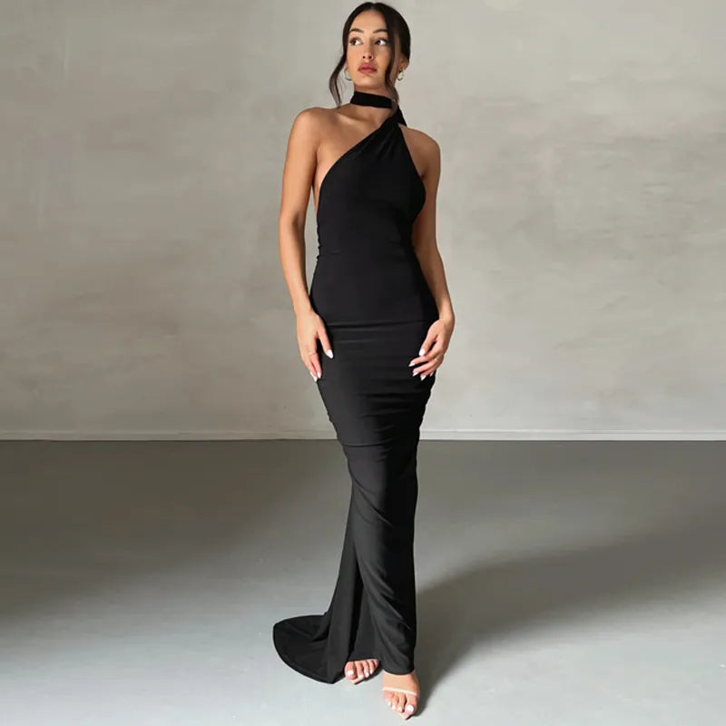 Oblique Shoulder Backless Maxi Dress Back Strap Sleeveless Long Dress